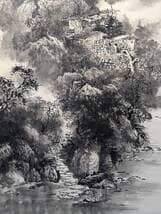 【真作】掛軸　幽玄の山村風景　水墨山水画　墨絵　静寂の自然美　U45