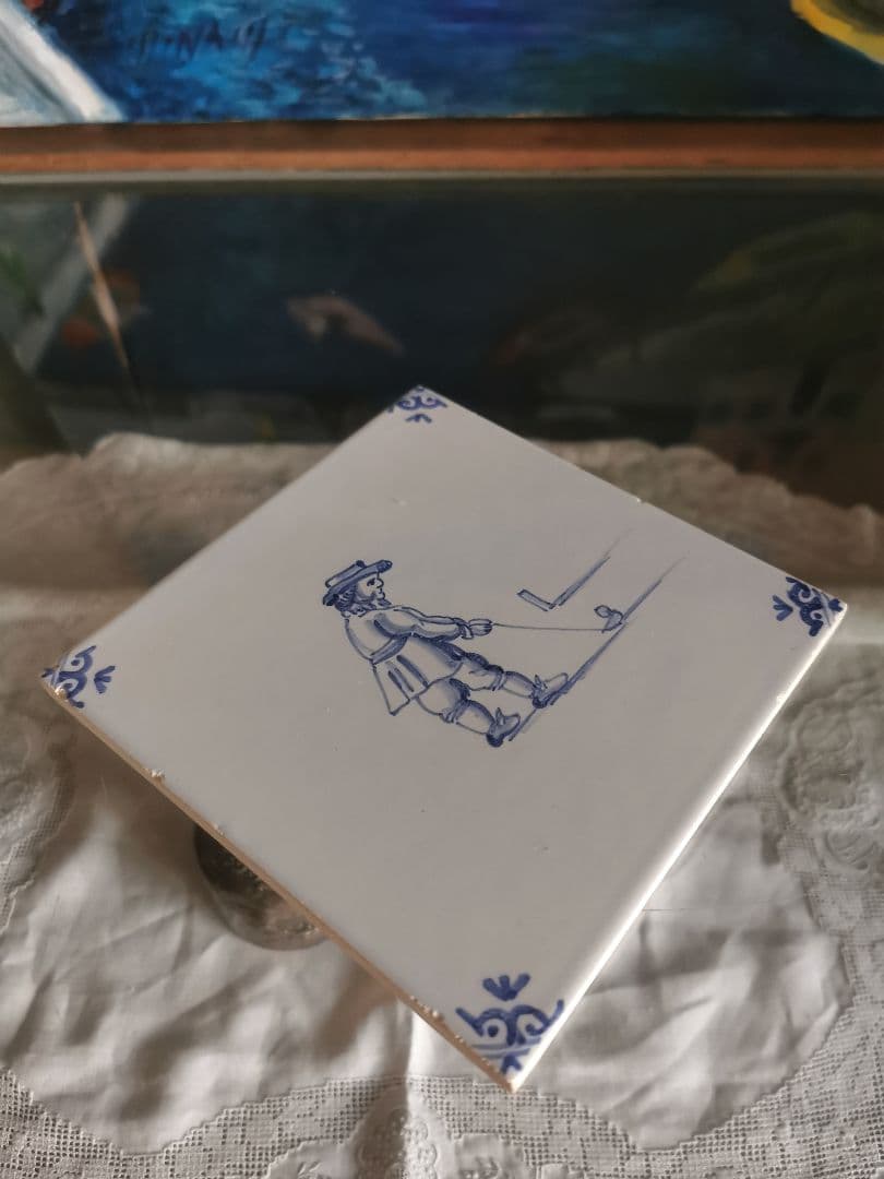 ヴィンテージ/アンティーク デルフト焼タイル コバルト手描 ゴルフショットの紳士