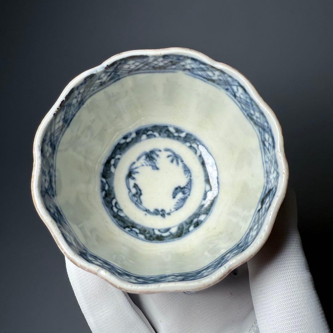 江戸後期　古伊万里　色絵金瓢箪文輪花形向付　五客　○×高台　小鉢　蕎麦猪口