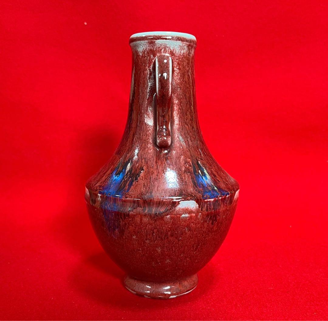 中国美術 古玩 红釉雙耳花瓶 花器 置物　コレクション