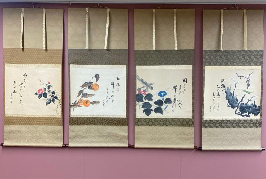 美品 掛け軸 松沢春草作 俳画四季図 共箱 4本セット 松尾芭蕉 俳句