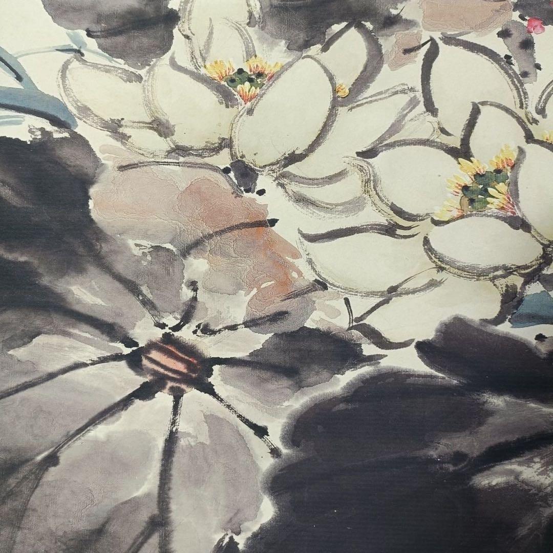 【証書付】斉白石 画・掛け軸「荷花と鴛鴦」中堂画 70×173cm