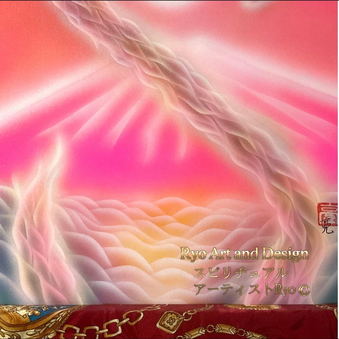 風水絵画⭐︎ストロベリームーン・ピンクの波動龍 雲海桃富士木花咲耶姫 特大色紙