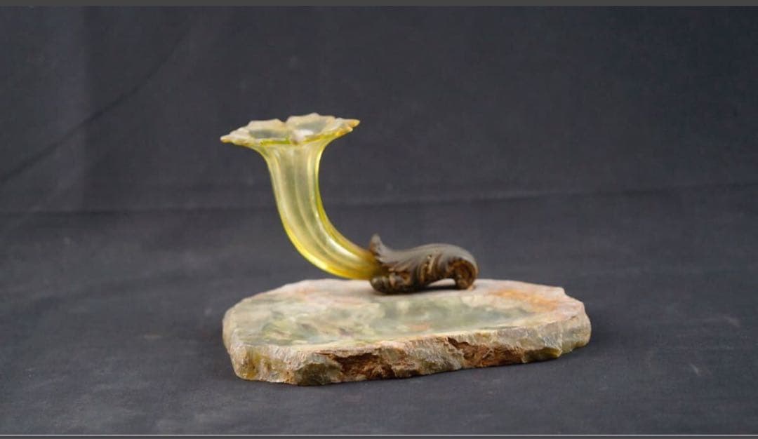 西洋 豊穣の角 コルヌコピア フリル ウランガラス 金彩 小物入れ 時代物