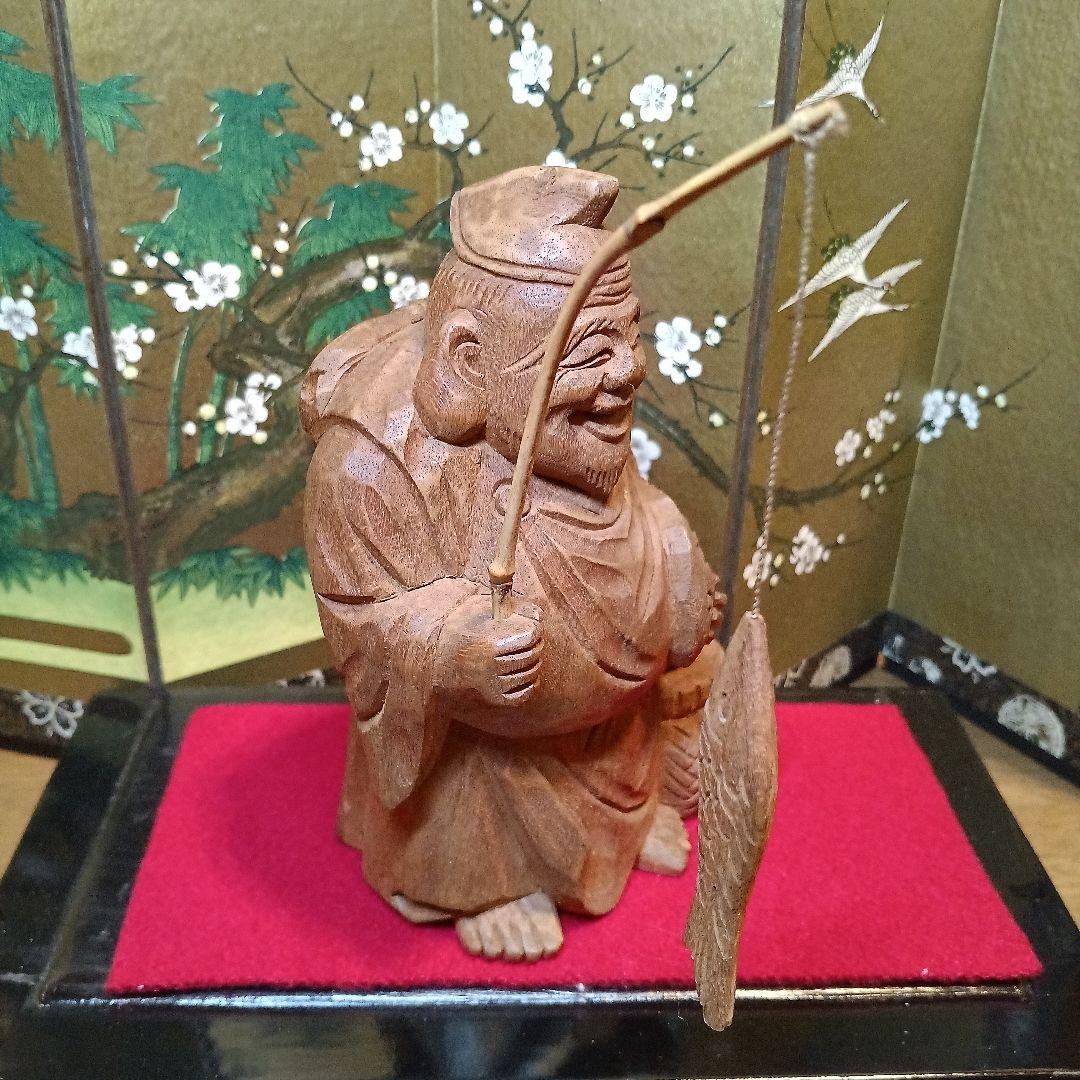 骨董品　恵比寿:大黒　木彫り置物　屏風&台座付き　希少セット