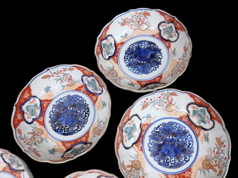 古伊万里　色絵　窓絵獅子　秋草に兎の図　膾皿　５客　D049AS-DBj