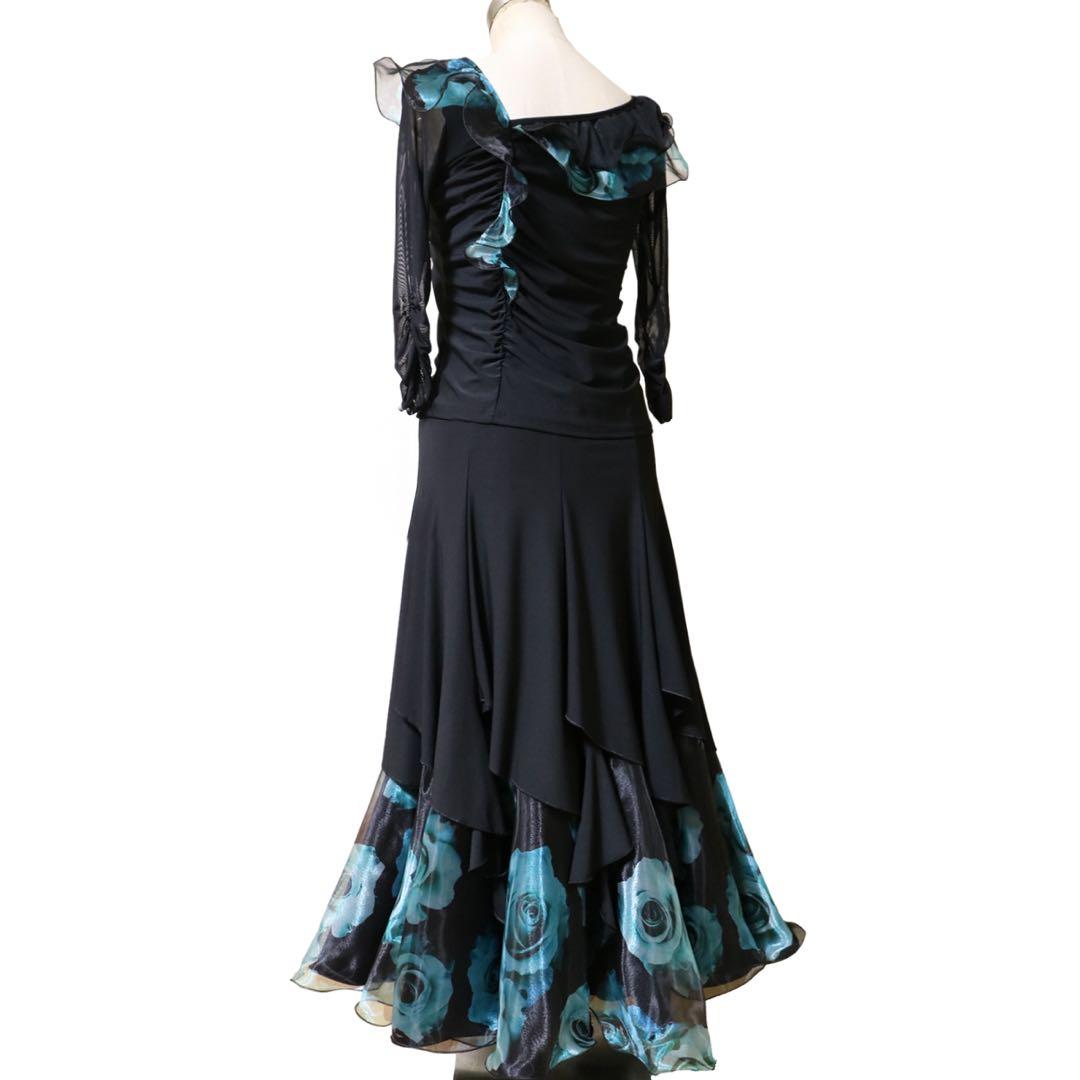 【新品/即納/匿配】社交ダンスセット/スカート&トップス/黒土台のエメ緑系ローズ