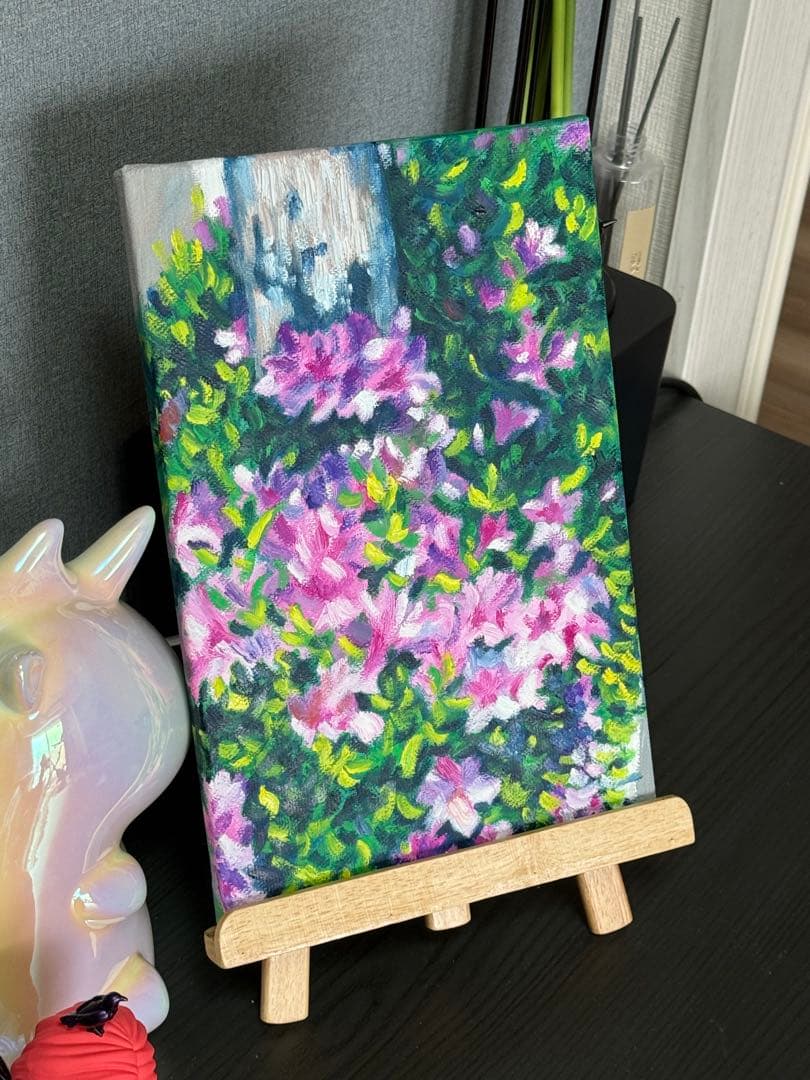 「陽光とツツジ」　手描き　油絵　風景画　原画　油彩画　印象派　花