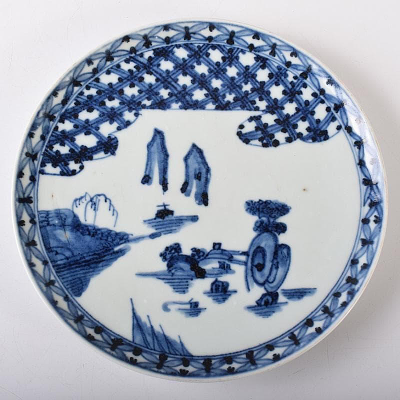 古伊万里　初期伊万里　大明成化年製款　染付　山水文　飾皿　時代箱　M　R7968