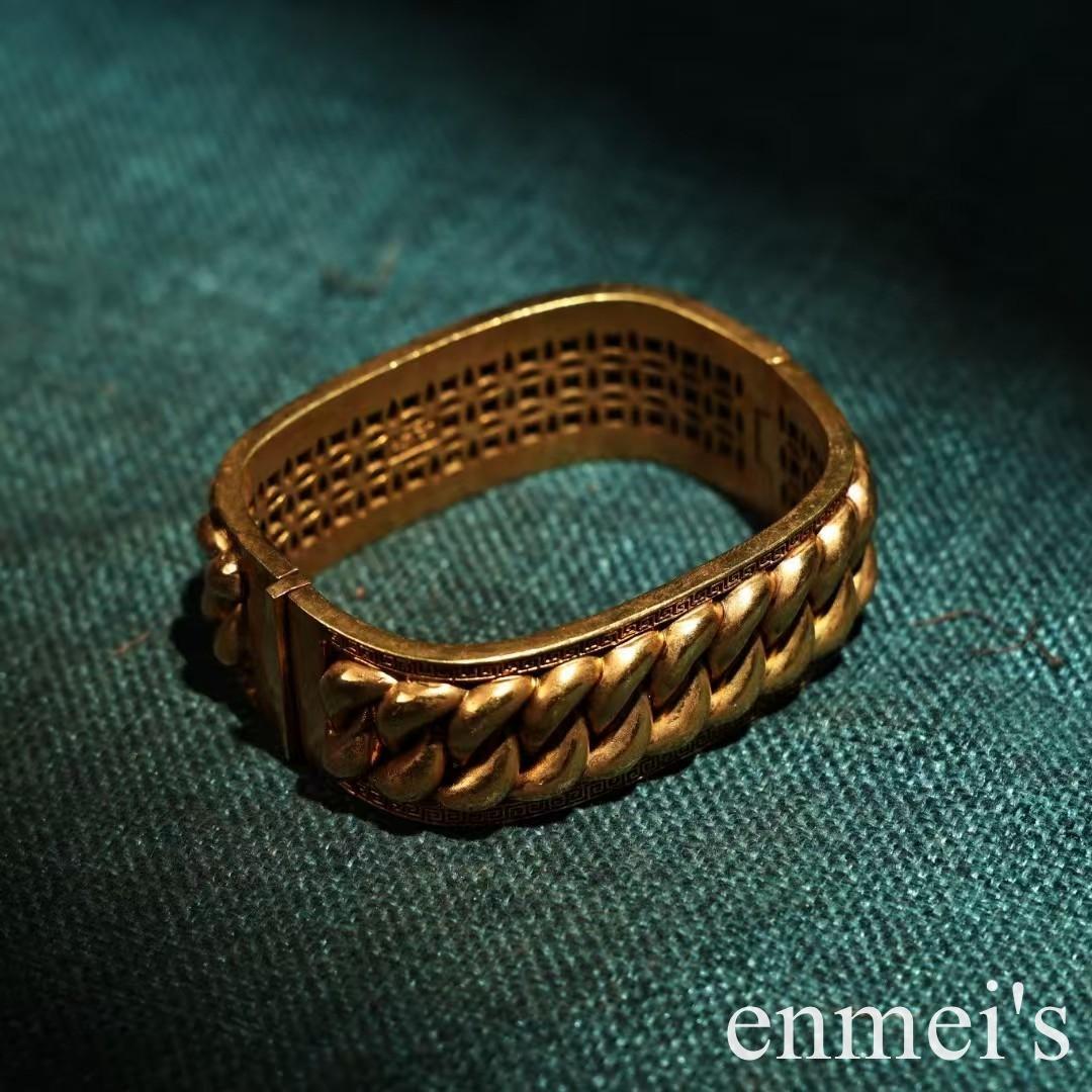 中国古美術・純銅鎏金掐絲工芸ブレスレット・純手作り・細密彫・透かし浮彫・純銅製