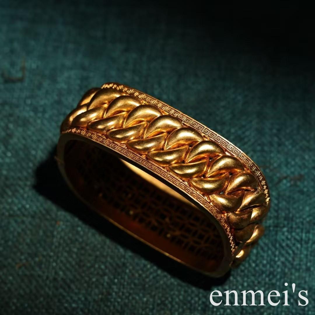 中国古美術・純銅鎏金掐絲工芸ブレスレット・純手作り・細密彫・透かし浮彫・純銅製