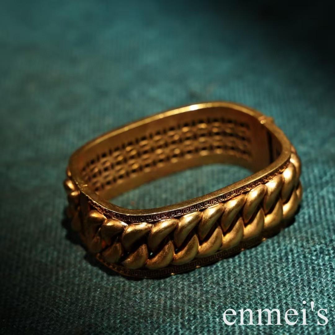 中国古美術・純銅鎏金掐絲工芸ブレスレット・純手作り・細密彫・透かし浮彫・純銅製