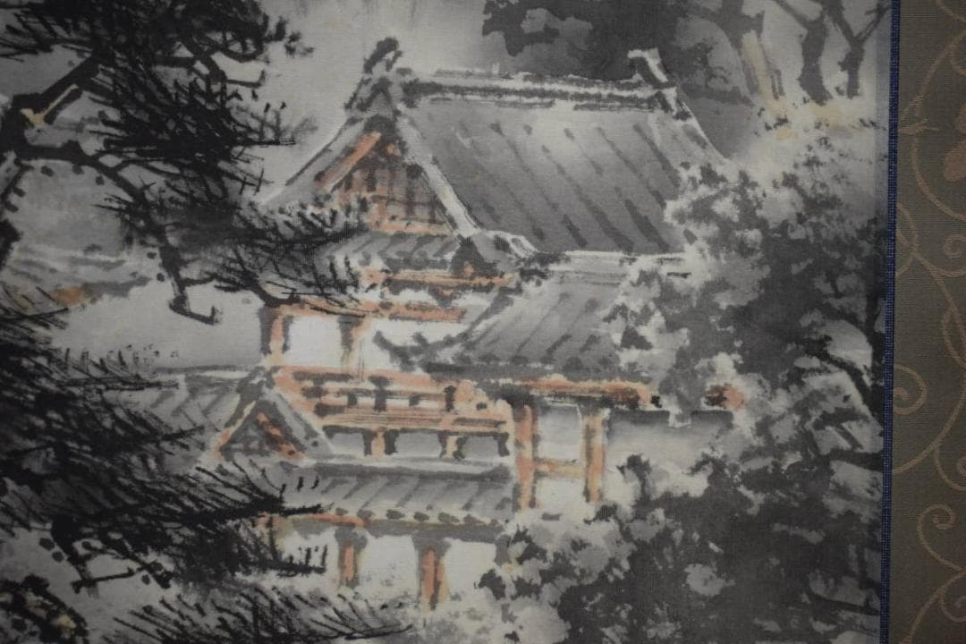 真作/日本南画院常務理事/荒川勝英/五重の塔図/桐共箱付/布袋屋掛軸HH-96