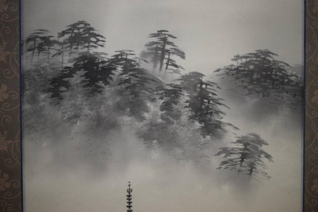 真作/日本南画院常務理事/荒川勝英/五重の塔図/桐共箱付/布袋屋掛軸HH-96