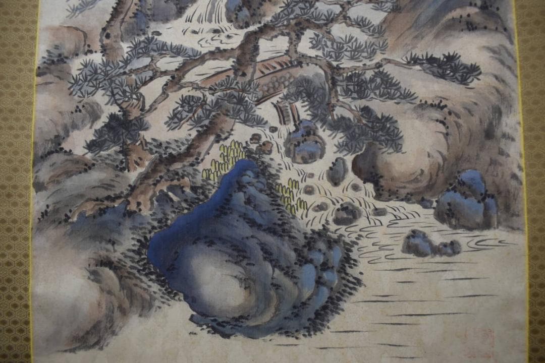 静山/塔山水人物図/掛軸☆宝船☆Y-783　JM