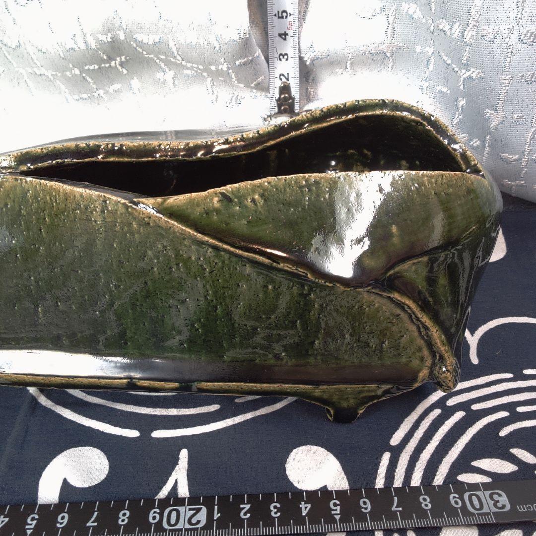 骨董３緑色の陶器製長方形皿