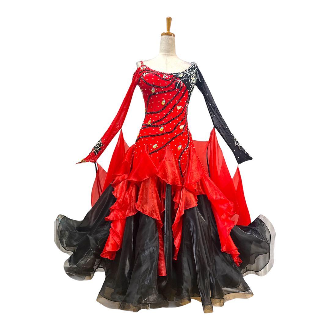 6344★M 赤 黒 多層フリル スタンダードドレス 社交ダンス