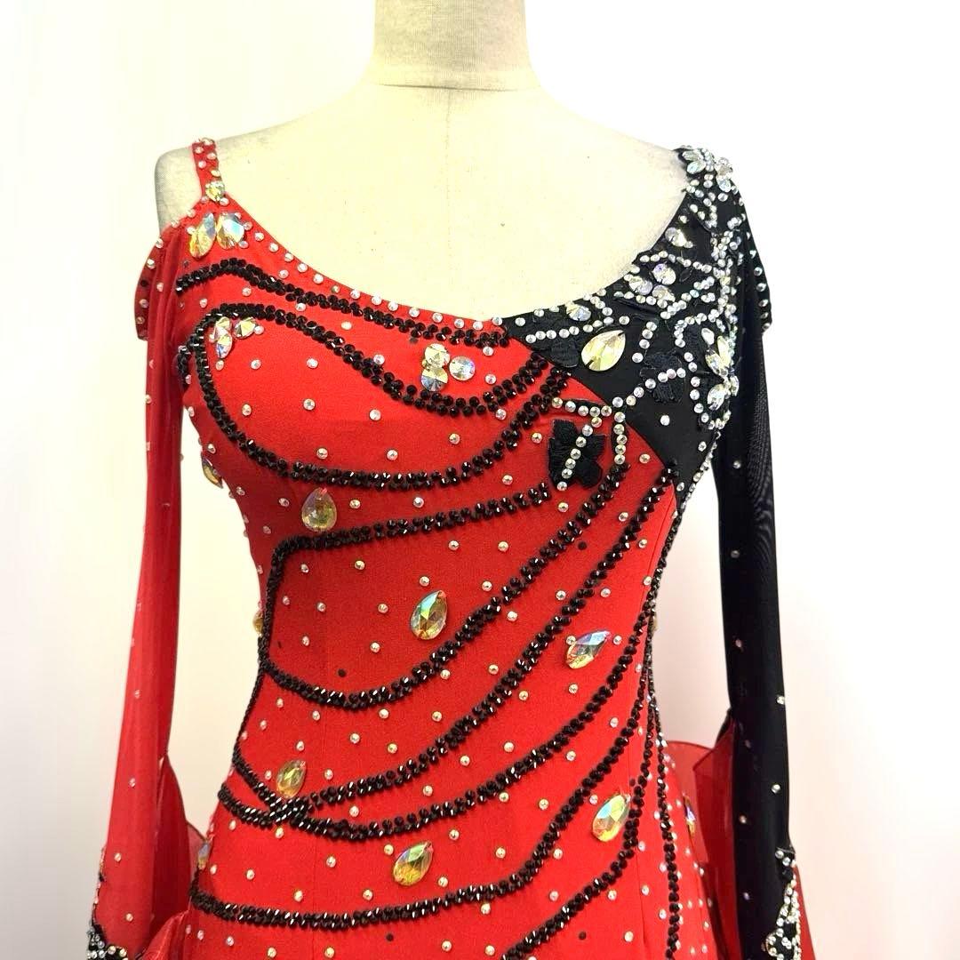 6344★M 赤 黒 多層フリル スタンダードドレス 社交ダンス