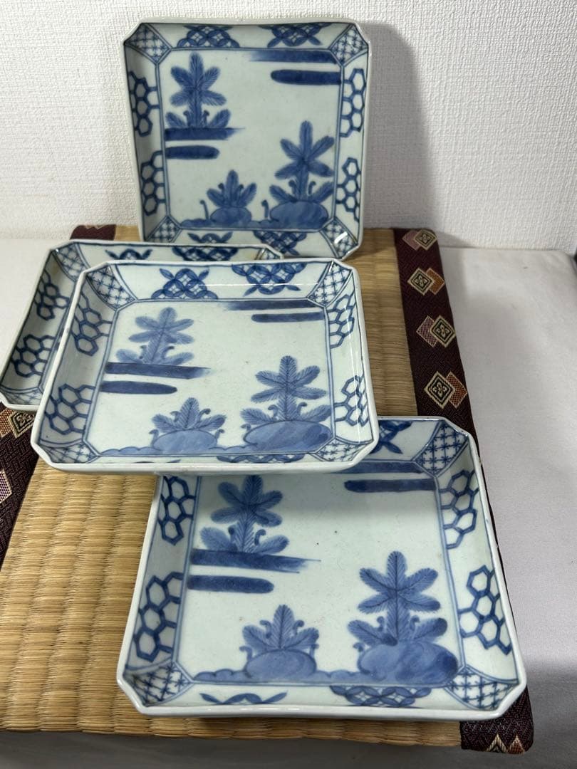 古伊万里《若松紋》角皿　江戸時代 4枚　無傷