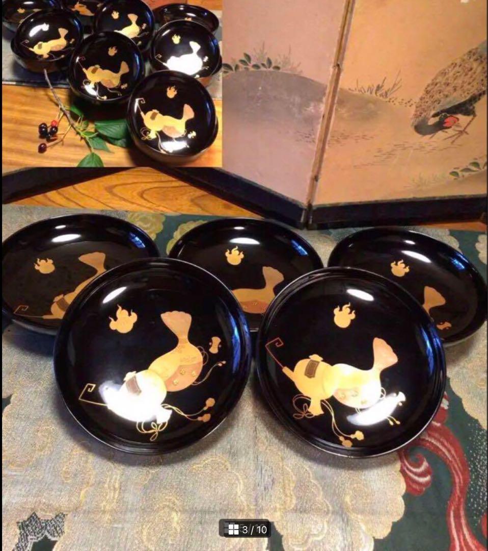 A852 木製輪島塗　　　高級黒塗　宝尽紋様蒔絵　吸物椀　　煮物椀　　5客