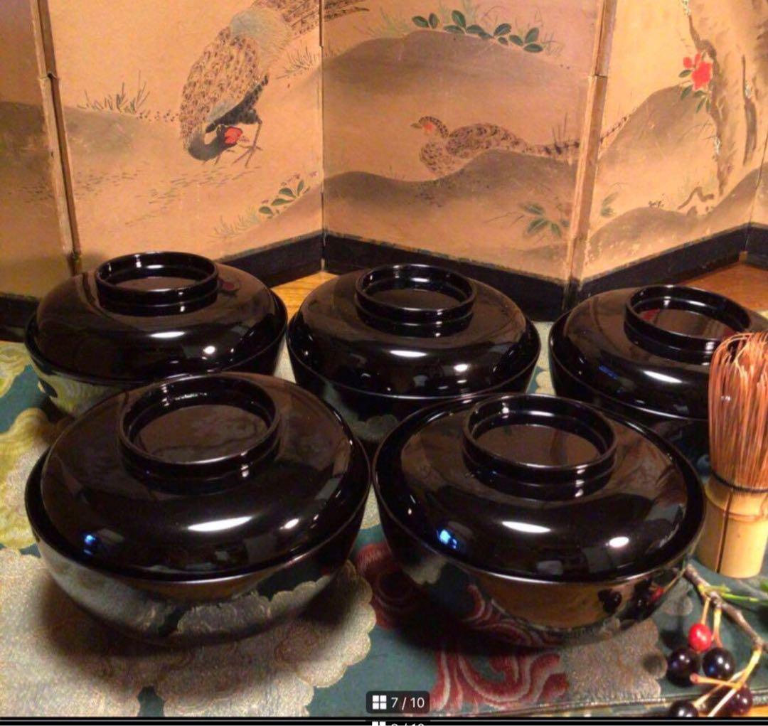 A852 木製輪島塗　　　高級黒塗　宝尽紋様蒔絵　吸物椀　　煮物椀　　5客