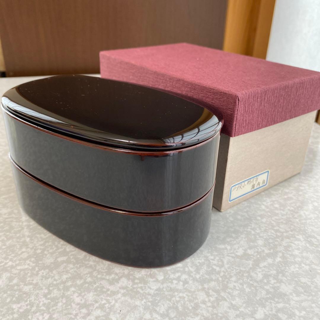 国産　日本製　川連漆器　木製　漆塗り　二段小判弁当箱　溜内朱