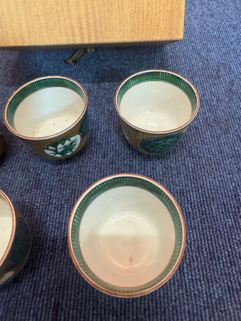 1572 九谷焼　角福　松竹梅文　青手煎茶碗　5客　時代物