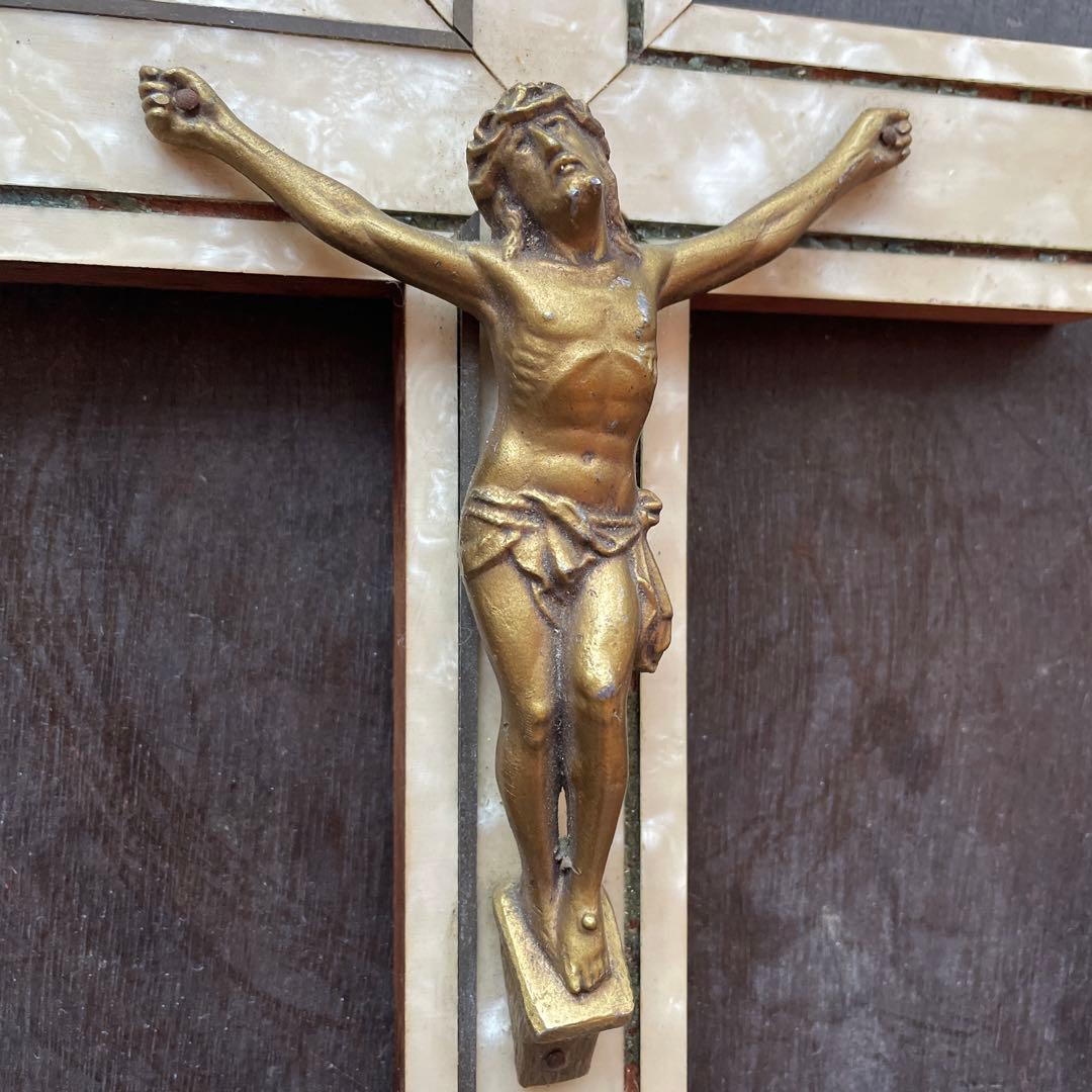 フランス　ブロカント　キリスト　十字架　キリスト教　磔刑　オブジェ　真鍮　木製