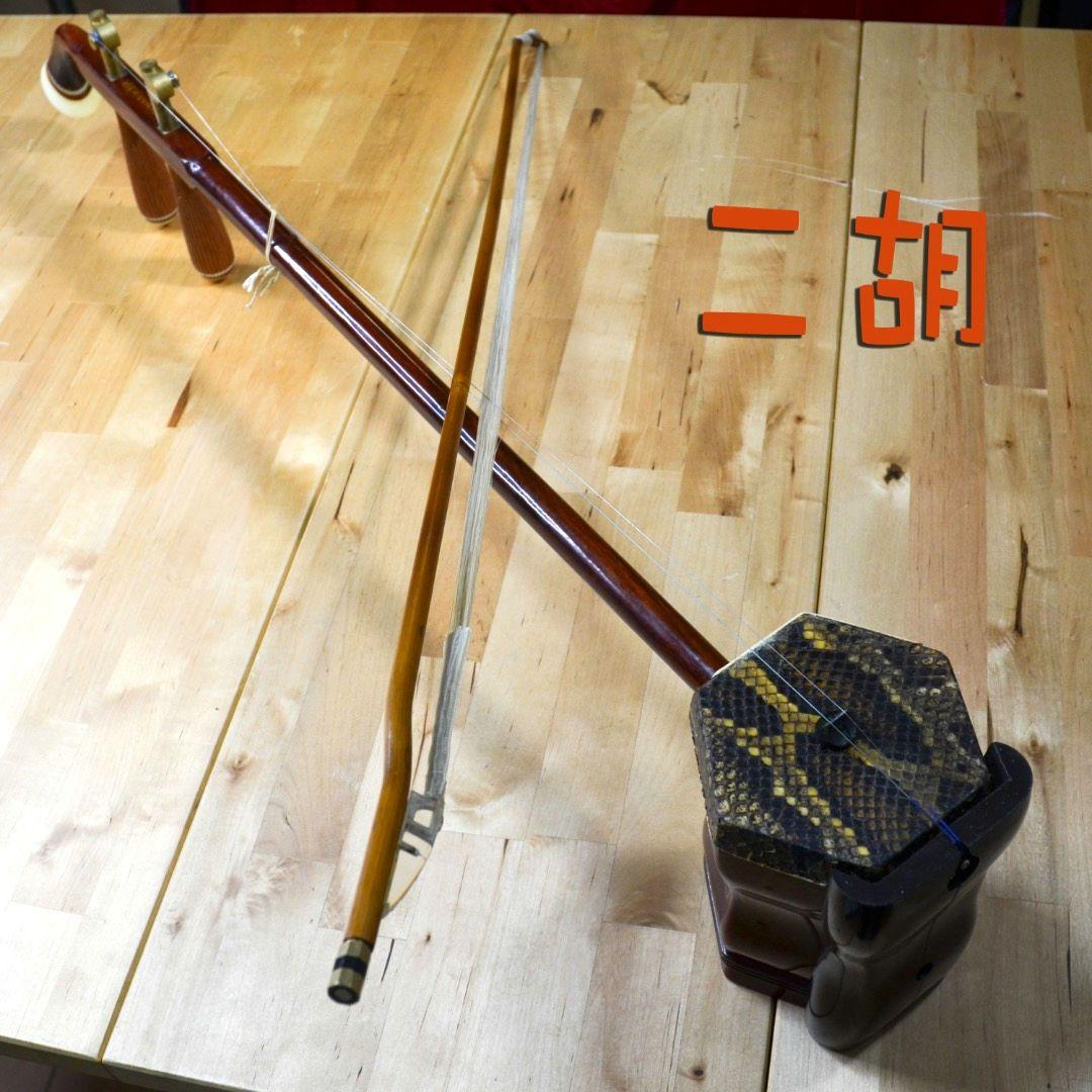 二胡 木製 蛇皮装飾　弓・ハードケース付