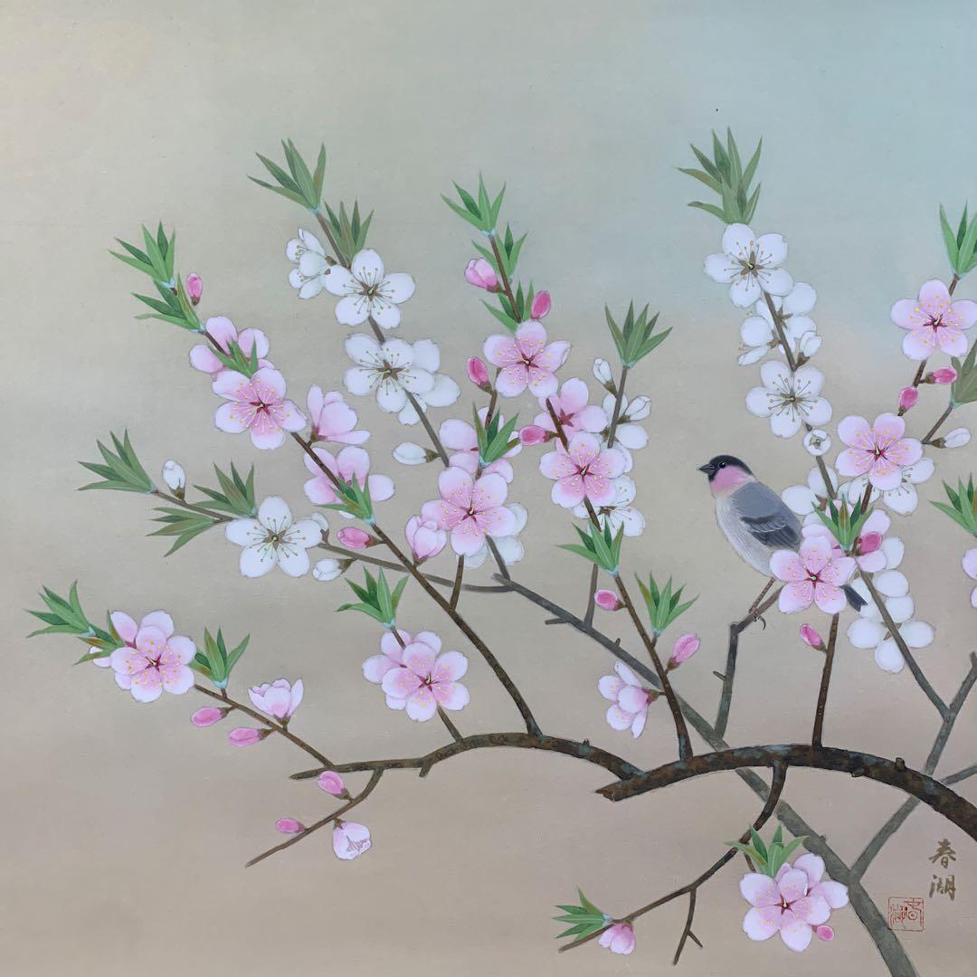 掛け軸2本 松生春湖作 桃の花図、宇田萩邨筆「清水寺」