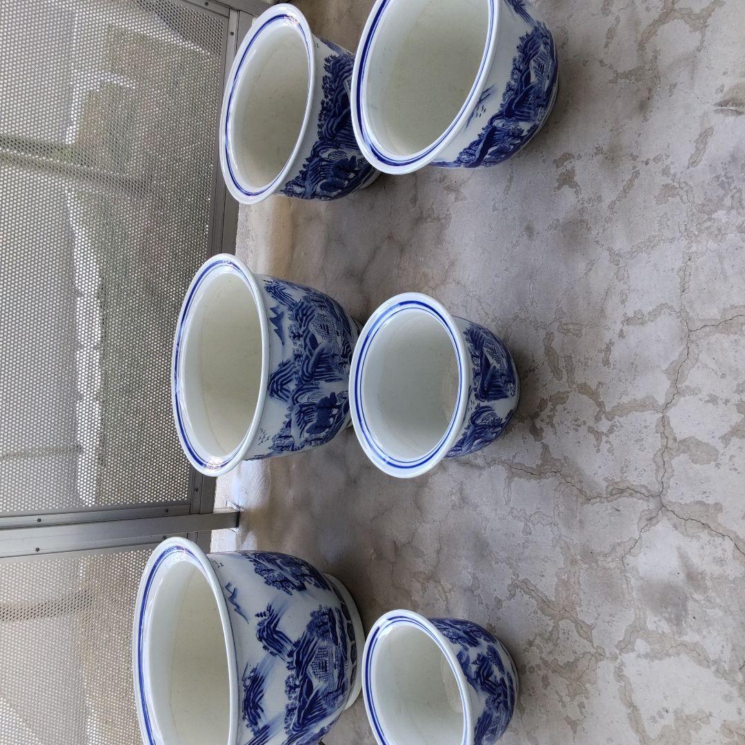 陶器鉢特大植木鉢、青と白の山水画 陶器植木鉢 6個セット