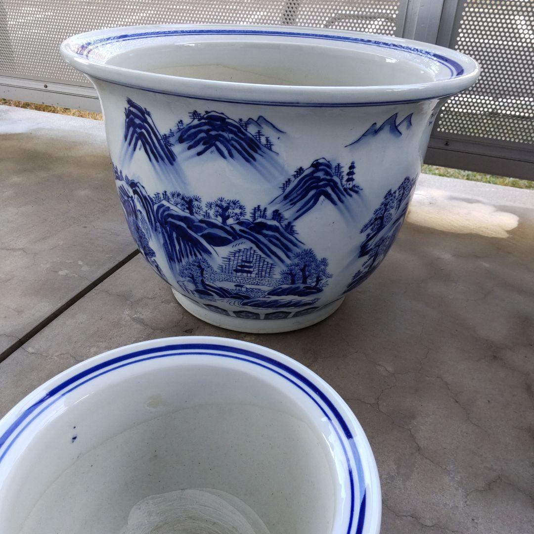 陶器鉢特大植木鉢、青と白の山水画 陶器植木鉢 6個セット