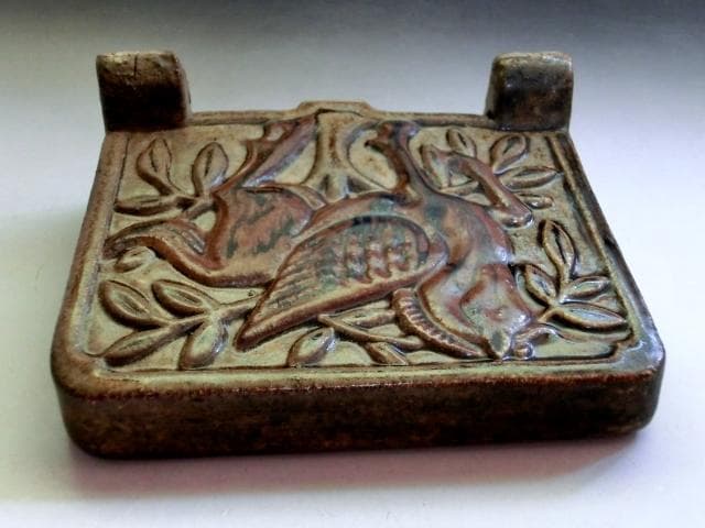 硯屏■唐草馬紋 櫛目 結界 古い陶器 お茶道具 書道道具 骨董品 希少■