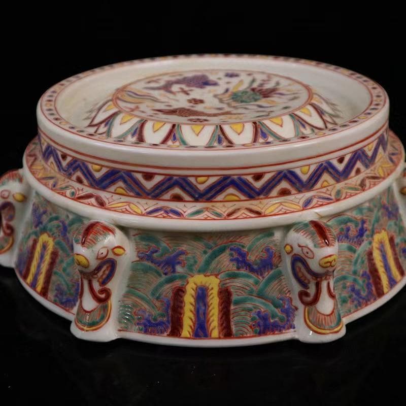 中国古美術✦大明宣徳紋 五彩 魚藻紋 筆洗✦置物・書道品・文房具・陶芸・観賞皿