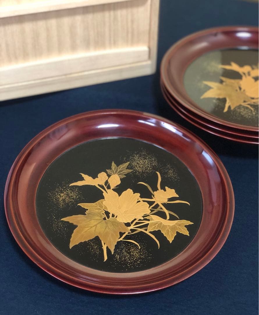 《レ》蒔絵 丸盆 菓子盆4客 木製漆器 木箱　260128く2