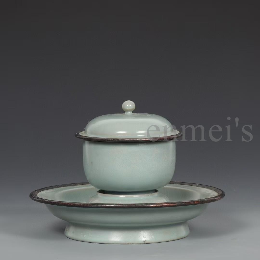 中国古美術・宋汝窯款天青釉「寿成殿」銀口盞托茶器セット・木箱付・文房具・煎茶道具