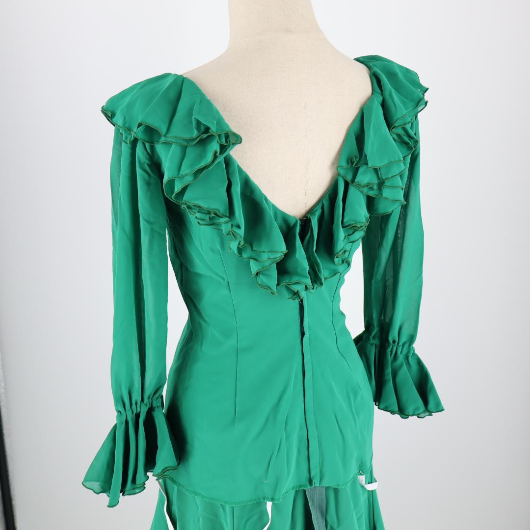 【美品 フラメンコ衣装】グリーン×イエロー×豪華フリル ブラウス ファルダ