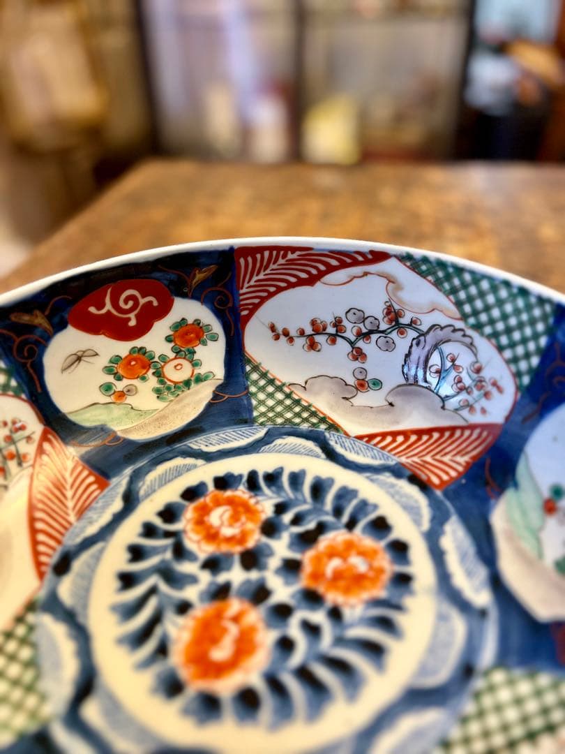 古伊万里　大鉢　色絵　赤絵　染付　二高台　食器　アンティーク　古道具
