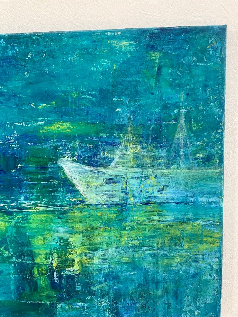 265 抽象画 アクリル画 原画 キャンバスボード F6 満月と哀愁の漁船