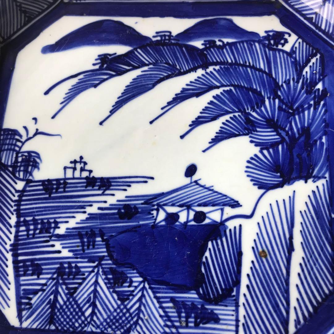 美品　古伊万里　陶器　年代物　盛り皿　角皿　八角絵皿　線画　山水の絵柄が素敵な