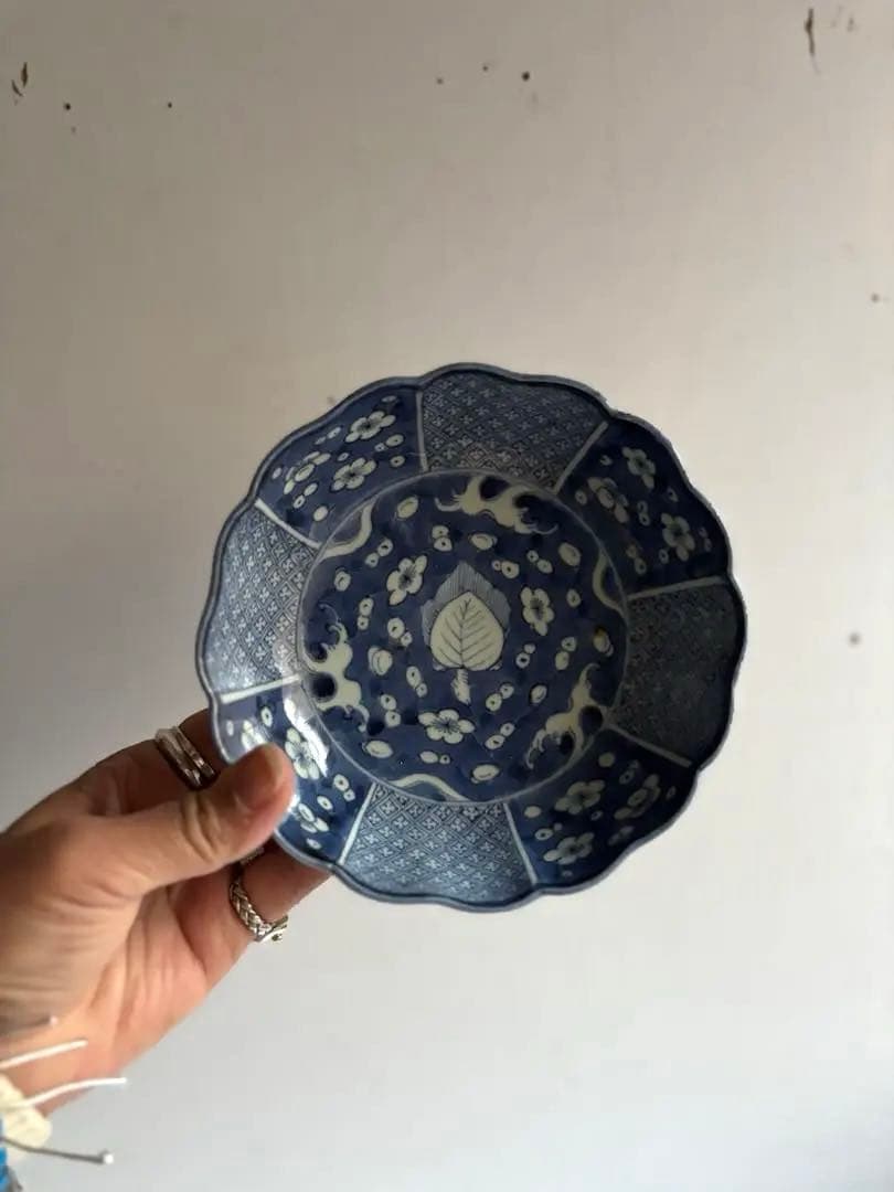 783 骨董 アンティーク 古伊万里 染付け 梅紋輪花なます皿 5寸 幕末 上物