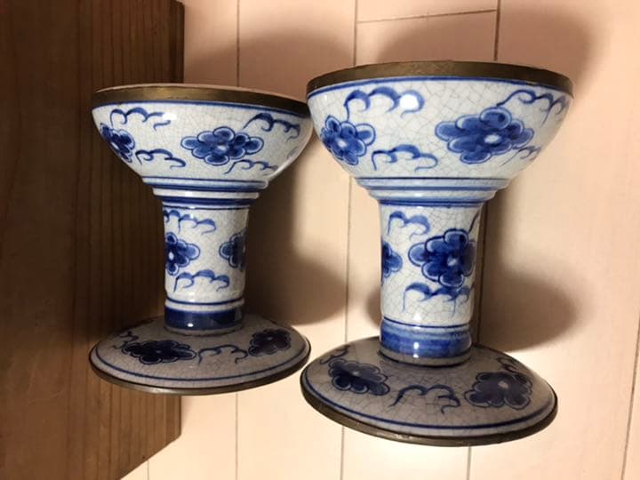 中国明時代　染付　蝋燭台一対　時代レトロ
