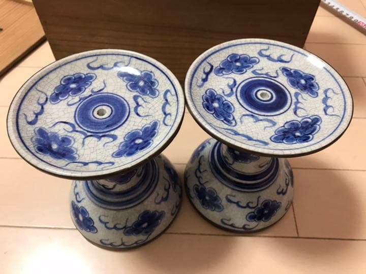 中国明時代　染付　蝋燭台一対　時代レトロ