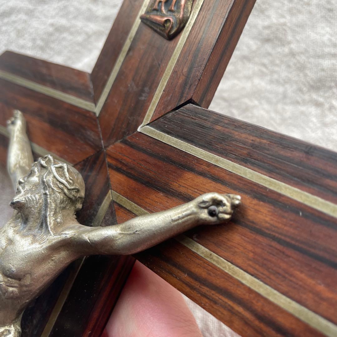 ブロカント　フランス　キリスト　磔刑　エボニー　十字架　壁掛け　真鍮　木製　黒檀