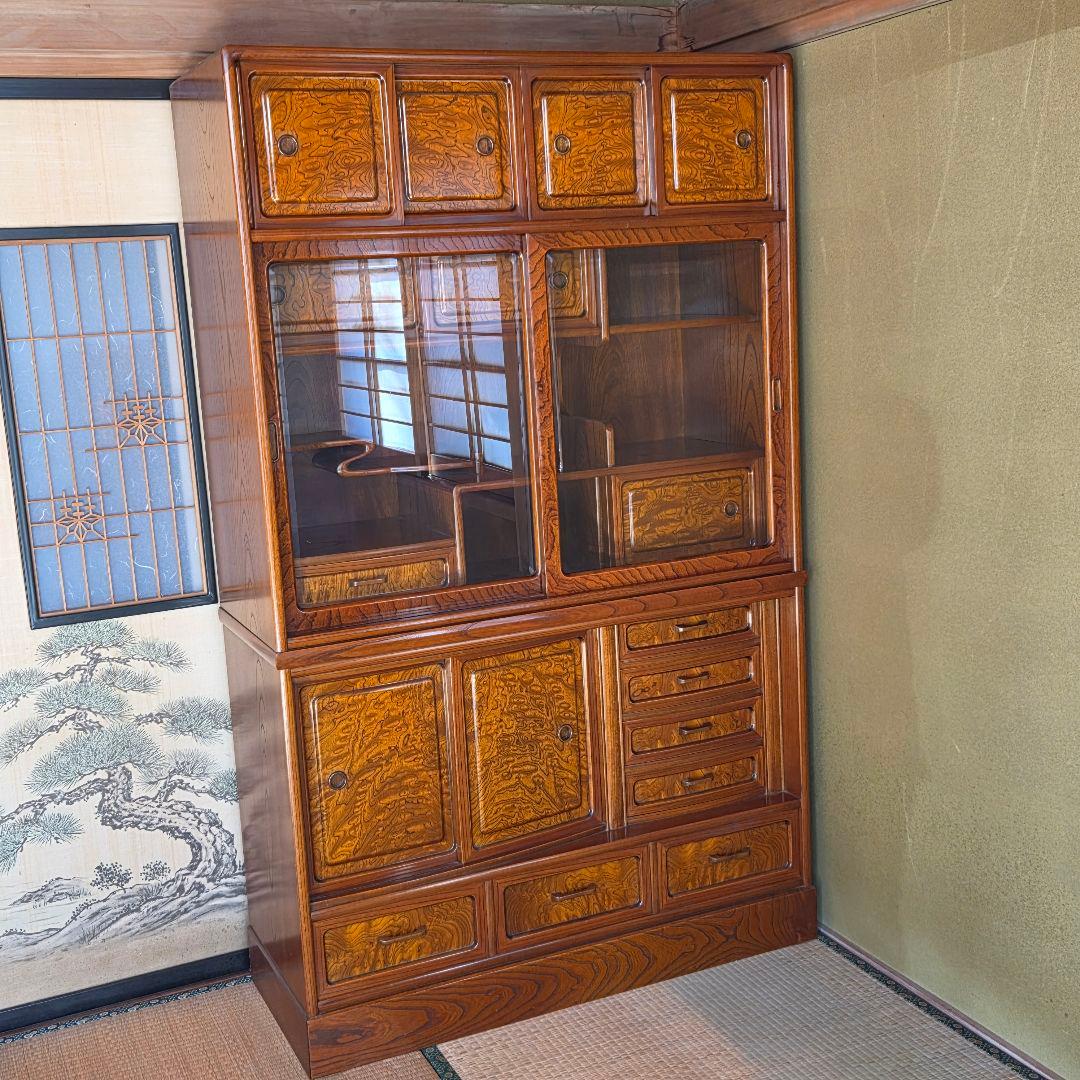 茶箪笥　欅　ケヤキ　和風収納棚 ガラス扉付き　アンティーク風　高さ約175㎝