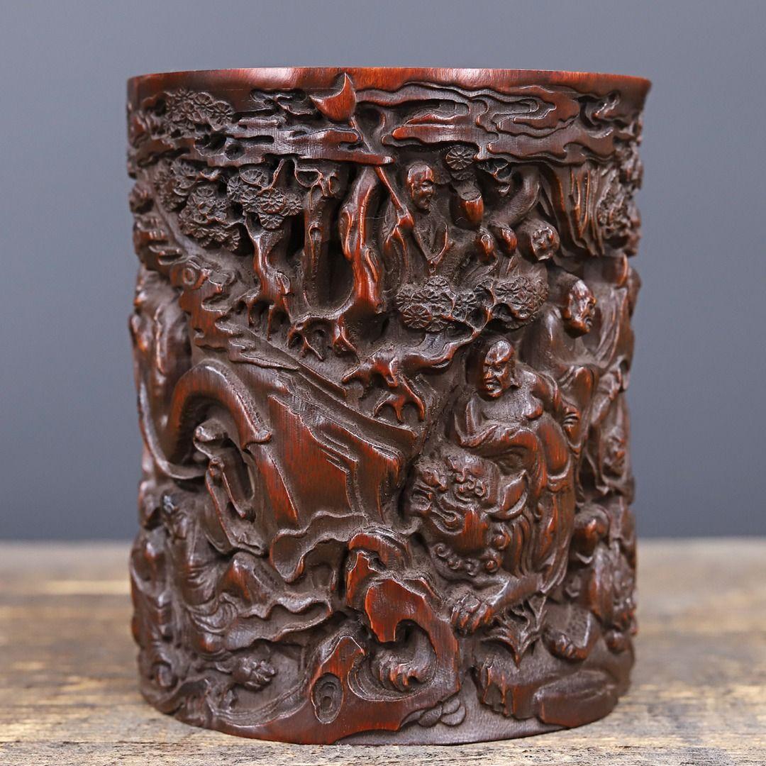 竹 彫刻 十八羅漢 筆箱 置物