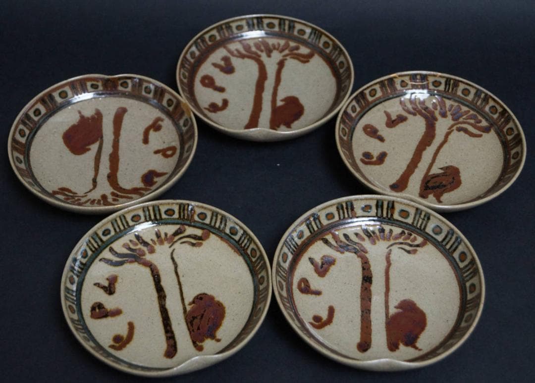 鉄釉『鳥文』皿 小皿 銘々皿 五客セット☆金直しあり☆在銘 箱付