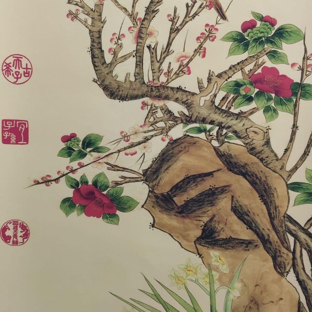 唐寅 花鳥画 掛け軸 中堂 花鳥図 中国画 表装済 サイズ：173×69cm