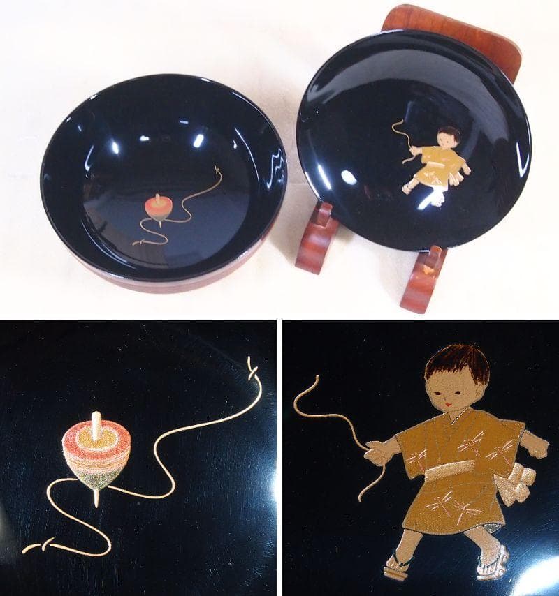 【未使用】輪島塗 童蒔絵 煮物椀 5客 千筋木地呂塗 雑煮椀/大椀 信斎/松斎