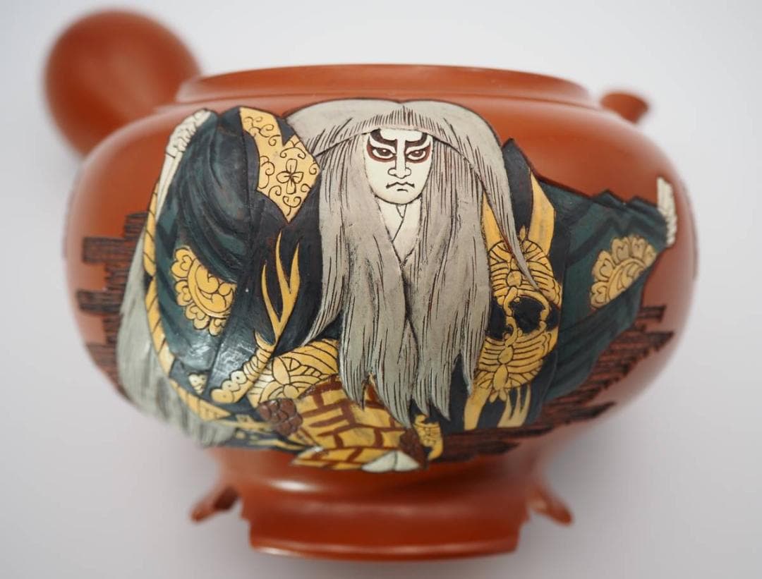 常滑焼 吉川雪堂 壺堂刀 歌舞伎十八番 鏡獅子 急須 茶注 共箱/共布 栞付